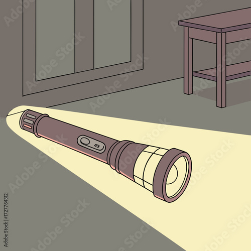 A dark room with a flashlight lying on the floor illuminating a beam of light towards a wall and a small wooden table