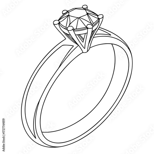 A clean line art illustration of a solitaire diamond engagement ring with a classic four prong setting and a simple band on a white background