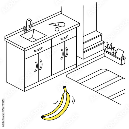 A comical isometric illustration of a kitchen scene with a banana peel on the floor near a sink and cabinets suggesting a slippery hazard
