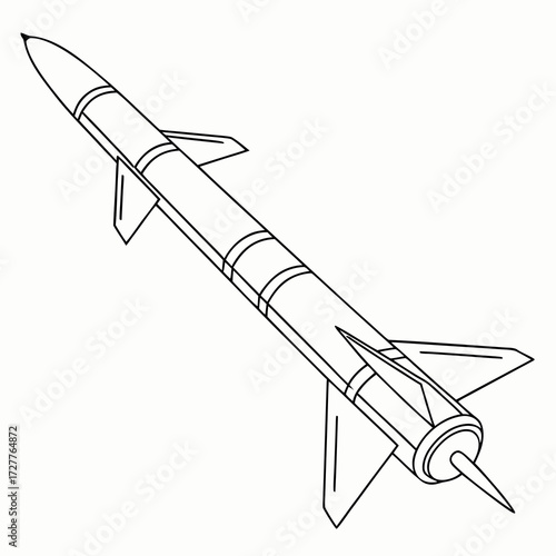 A detailed black and white line drawing illustration of a single missile with fins and a pointed nose against a clean white background suitable for design projects