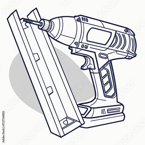 A detailed line art illustration of a cordless nail gun with a strip of nails being loaded into its magazine symbolizing construction and diy projects