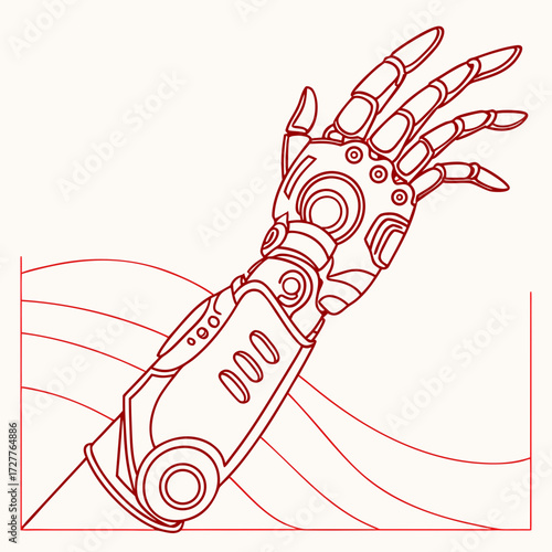 A detailed line art illustration of a futuristic robotic arm and hand in a red outline against a light background with abstract wavy lines