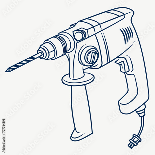 A detailed line art illustration of a powerful corded rotary hammer drill with a drill bit attached ready for construction and diy projects