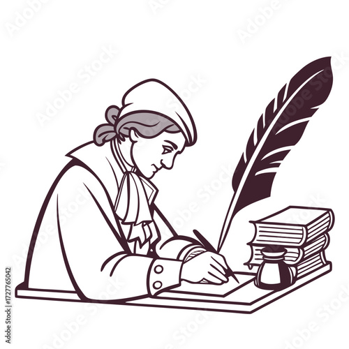A historical figure in period clothing wearing a cap and quill pen diligently writing at a desk with books and an inkwell symbolizing literature and education