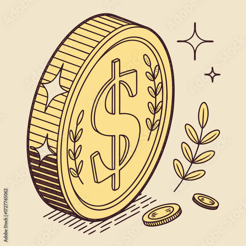 A large golden coin with a dollar sign and laurel branches is depicted in a stylized hand drawn illustration with sparkling accents and smaller coins scattered around