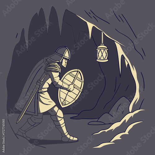 A lone medieval knight clad in armor and cape cautiously advances through a dark mysterious cave illuminated by a hanging lantern holding a shield and sword ready for adventure
