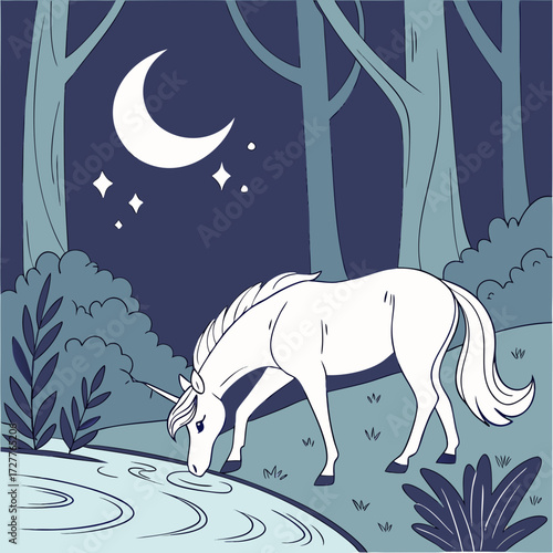 A mystical white unicorn with a single horn drinks from a calm river in a dark enchanted forest under a crescent moon and twinkling stars