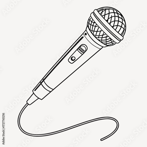 A simple black and white line drawing illustration of a classic handheld microphone with a coiled wire on a plain background symbolizing audio recording and performance