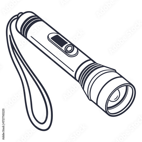 A simple black and white line drawing illustration of a modern compact flashlight with a wrist strap attached to its end isolated on a white background