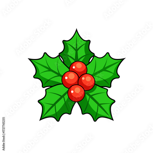 cartoon green holly leaf cluster with red berries 