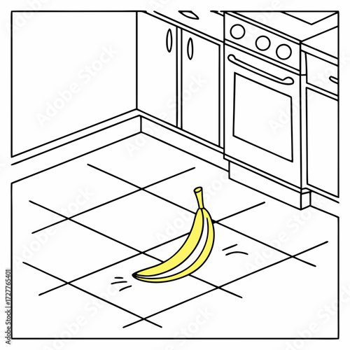 A single yellow banana lies on a tiled kitchen floor next to a stove and cabinets creating a tripping hazard
