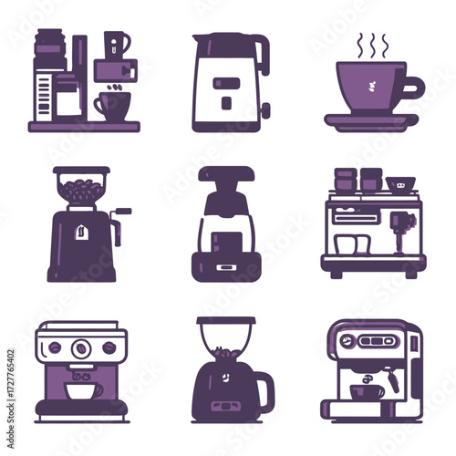 Collection of brewing essentials, showcasing grinders, machines, cup, and kettle