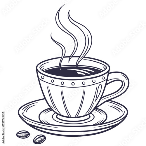 A steaming cup of hot coffee sits on a saucer with two coffee beans nearby depicted in a clean hand drawn line art style on a white background