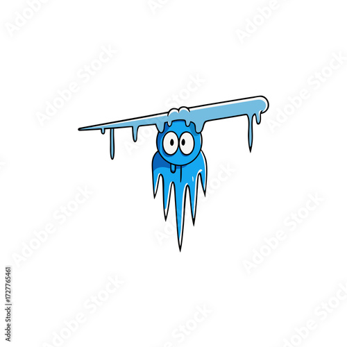 cartoon blue icicle dangling from silver branch  