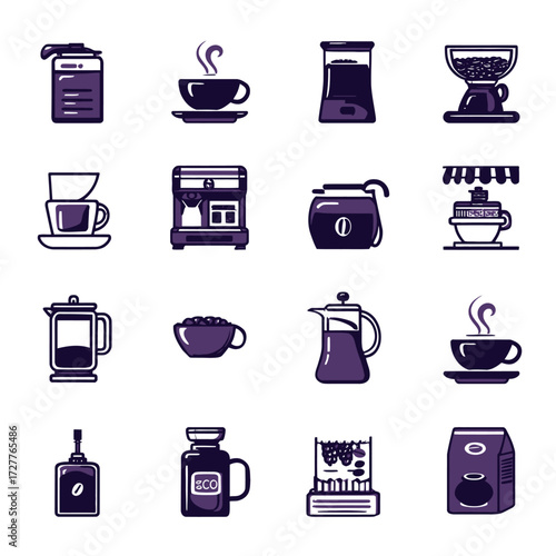 Coffee icons show different brewers, cups, beans, & containers in dark purples