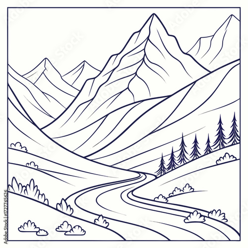 A stylized line art illustration depicting a winding road leading through rolling hills and valleys towards majestic snow capped mountains under a clear sky
