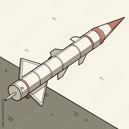 A stylized retro futuristic rocket with fins and a pointed nose cone ascends diagonally against a minimalist background with subtle dash marks and a dividing line