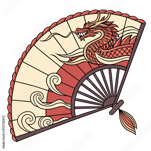 A traditional japanese fan featuring a fierce red dragon design with swirling waves and a decorative tassel perfect for cultural and artistic themes