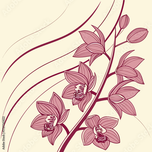 Delicate pink orchid flowers and buds bloom on a dark stem against a pale creamy yellow background with flowing abstract lines