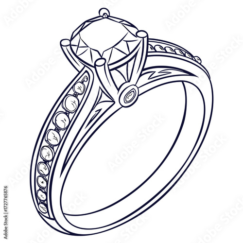 Elegant diamond engagement ring with pave band and solitaire gemstone detailed line art illustration on white background