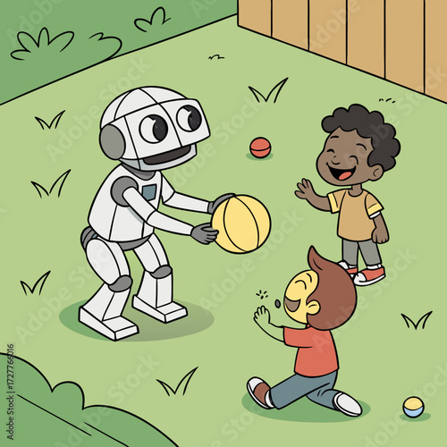 Friendly robot plays catch with happy children in a sunny backyard with green grass and a wooden fence fostering fun and imagination