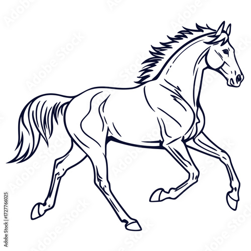 Elegant outline drawing of a powerful horse in full stride showcasing its muscular physique and flowing mane and tail against a clean white background
