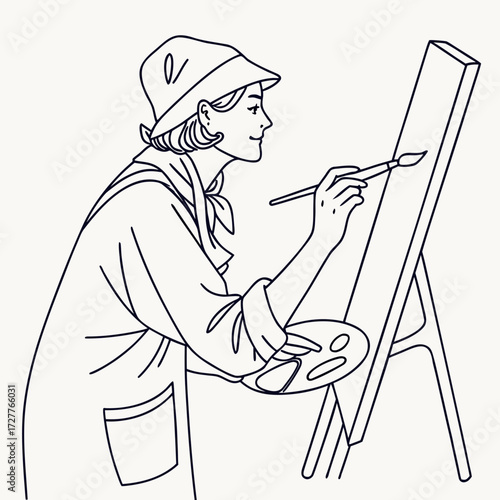 Elegant woman artist wearing a hat and scarf holding a paintbrush and palette focused on painting on a canvas on an easel line art illustration