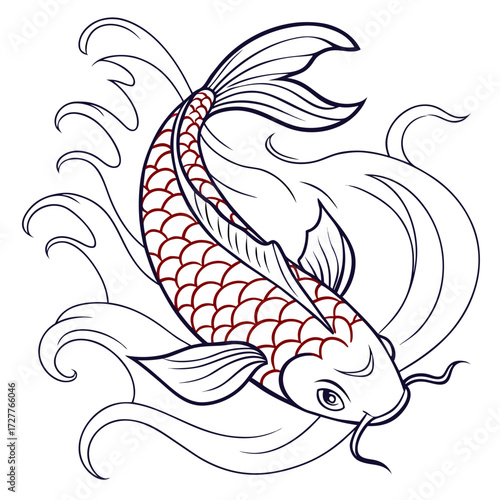 Elegant outline drawing of a traditional japanese koi fish swimming gracefully through stylized waves in a classic tattoo style