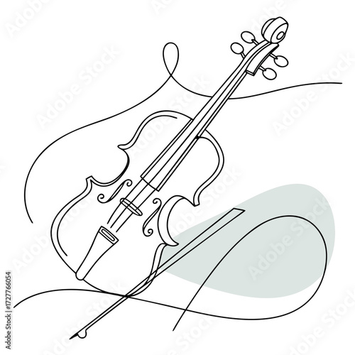 Elegant single line drawing of a violin and bow with a subtle grey abstract shape evoking sound or movement on a clean white background representing classical music and artistic expression