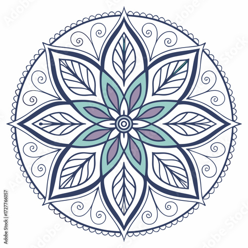 Intricate floral mandala design with teal purple and navy blue accents on a white background symbolizing harmony and peace