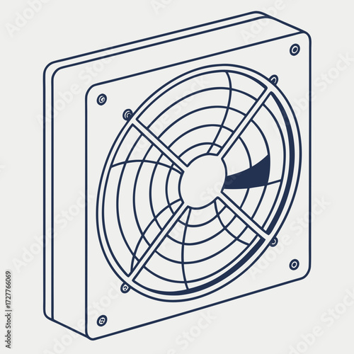 Isometric line art illustration of a computer power supply unit fan grill with a dark blue accent on a light gray background