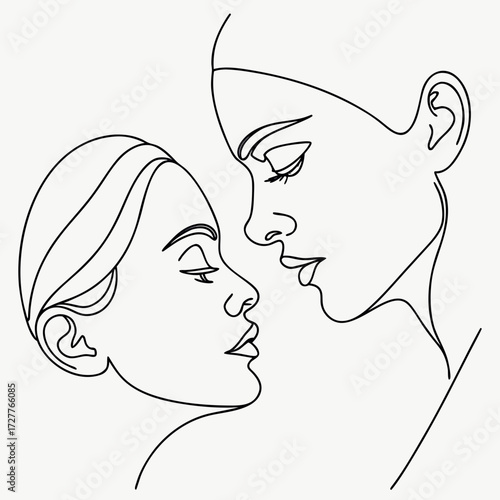 Minimalist continuous line drawing of two women s faces in profile gazing at each other with closed eyes conveying intimacy and connection in a simple artistic style