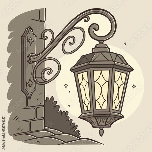 Vintage ornate street lamp with decorative scrollwork attached to a brick wall casting a warm inviting glow on a neutral background with subtle sparkling accents
