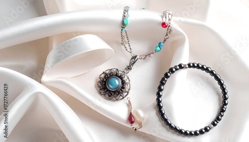 Jewelry displayed on silk