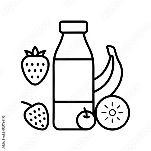 Fruit juice bottle with bananas, strawberries, and oranges  