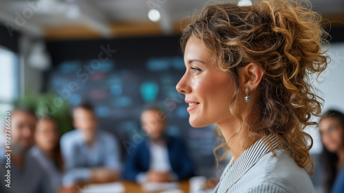 A woman guiding her team through a strategic discussion in a stylish office, business woman corporate meeting, office team planning, professional women leadership, collaborative st