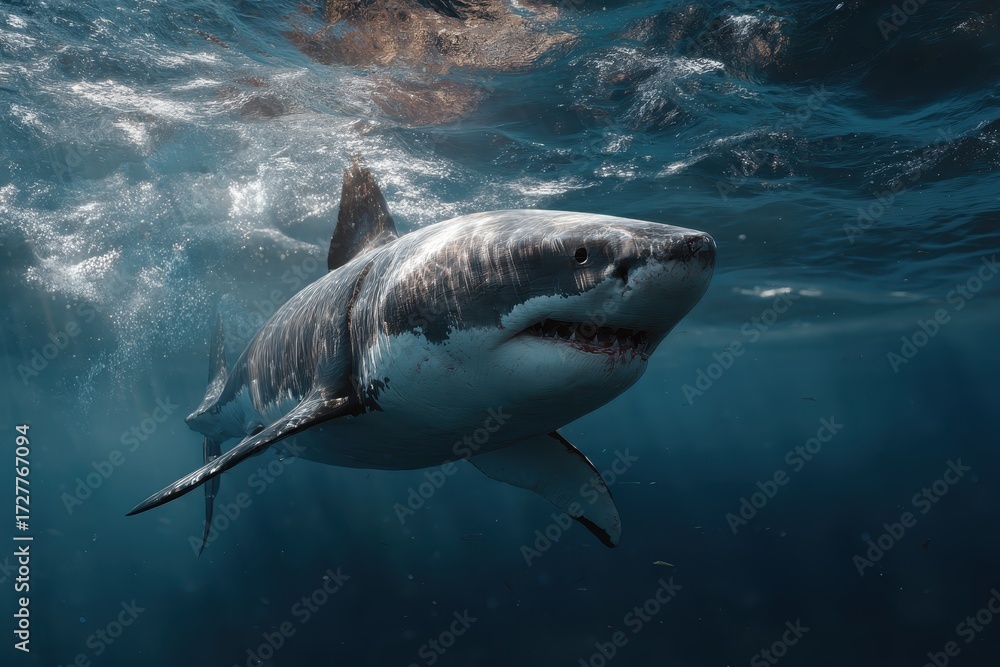 Fototapeta premium Great white shark megalodon shown in realistic animation under ocean surface during daylight hours revealing its powerful presence