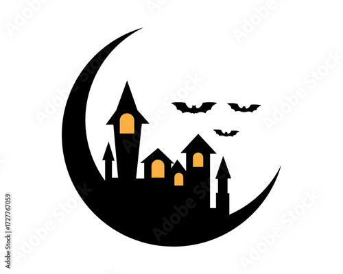 Mysterious Halloween scene with a gothic castle inside a black crescent moon, a spooky holiday vector illustration