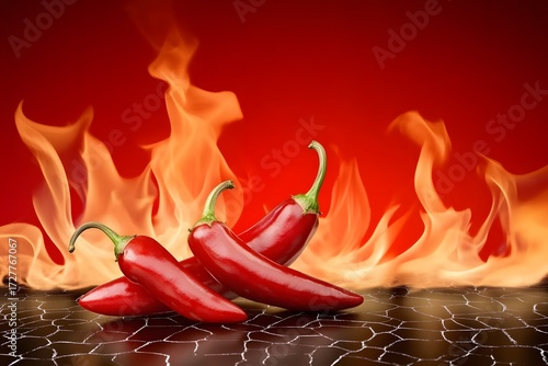 Spicy Red Chili Peppers with Fiery Flames Background