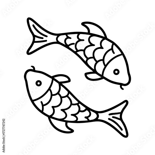 Two koi fish swimming in a circular pattern outlined in black  