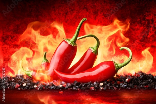 Fiery Red Chili Peppers on Embers Background