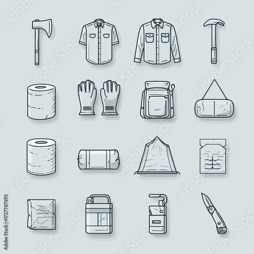 Camping essentials axe, shirts, gloves, bag, tent, lantern, knife, tissue, and more