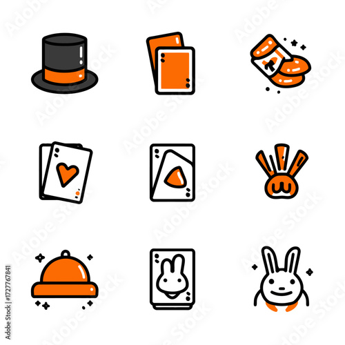 Magic icons collection of cards, hat, rabbit, gloves, and service bell