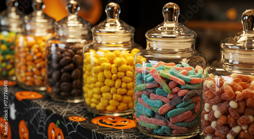 Halloween candy bar with jars of candy corn, chocolates, and gummy worms