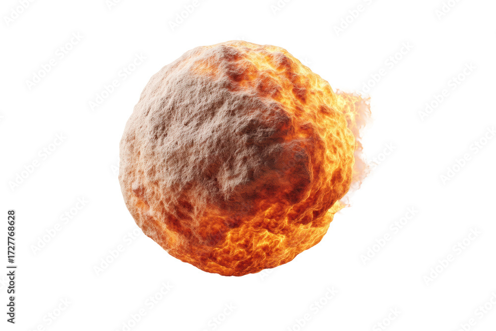 Fototapeta premium Fiery meteorite in space: burning rock with intense flames and texture, cut out