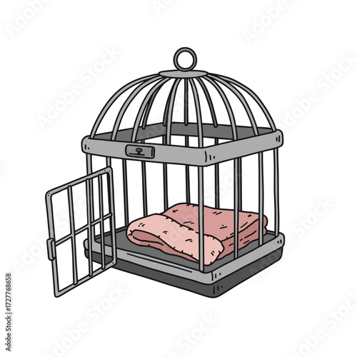 Cage with open door and blanket in a minimalist design  