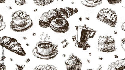 A seamless pattern featuring various baked goods and coffee items, including donuts, croissants, muffins, and cups of coffee, illustrated in a hand-drawn style