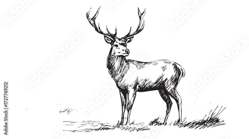A detailed sketch of a deer standing in a grassy field, showcasing its antlers and natural posture