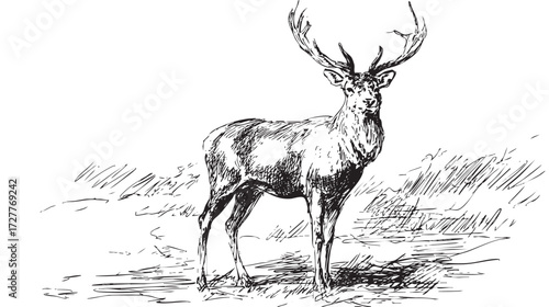 A detailed sketch of a deer standing in a grassy field, showcasing its antlers and natural posture