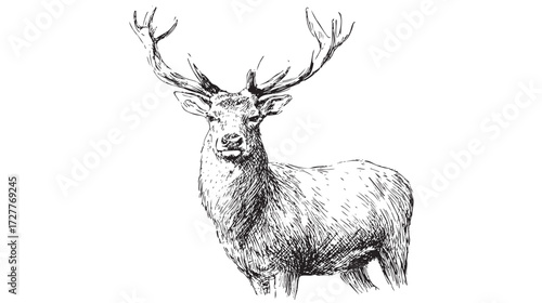 A detailed sketch of a deer standing in a grassy field, showcasing its antlers and natural posture